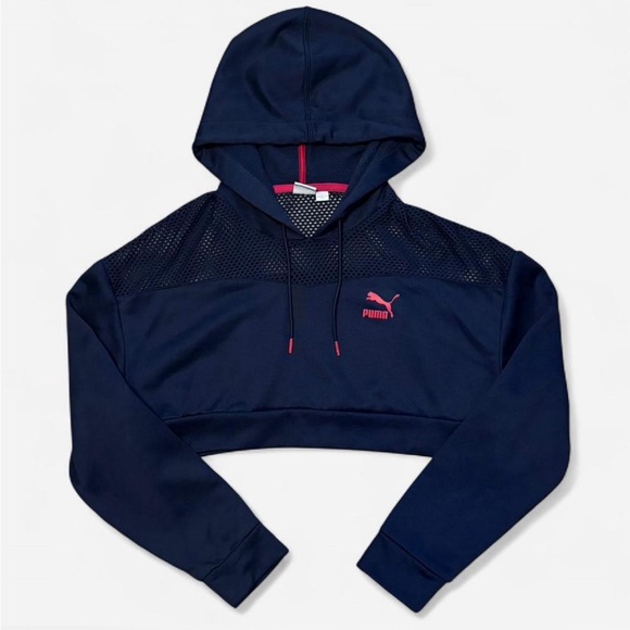 Puma Dark Blue Cropped Hoodie with Red Flower Design - Picture 1 of 5